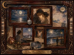 A nostalgic rosewood-framed collage gathers moonlit memories of love and distance, with intimate portraits, solitary figures, handwritten notes, roses, and sea views glowing beneath a shared full moon. Deep blues, warm browns, and antique gold create a tender, wistful atmosphere, rendered in richly textured painterly layers with vintage musical ornamentation.