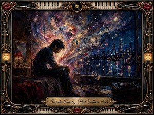 A solitary man sits beside a nighttime window as swirling memories, faces, photographs, and fragments of emotion dissolve into a luminous dreamscape above him. Deep blues, burgundy, gold, and violet create a reflective, restless mood. Expressive painterly textures, city reflections, warm lamplight, and an ornate musical frame intensify the introspective atmosphere.