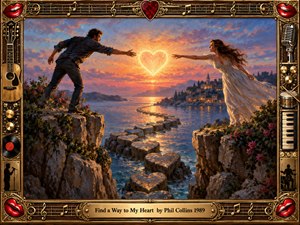 A romantic oil-painted coastal scene shows two lovers reaching toward each other across rocky cliffs and shimmering water, guided by heart-shaped stepping stones beneath a glowing sunset heart. Warm gold, coral, blue, and violet tones create hopeful longing, while an ornate music-themed frame with instruments, notes, red lips, and engraved title details completes the composition.