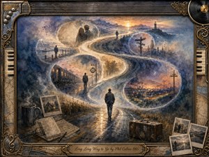 A solitary traveler follows a luminous, winding road through layered memories of love, distance, departure, and uncertain horizons. Muted blues, smoky grays, and warm amber light create a reflective, melancholy mood. Watercolor textures, faded photographs, distant city lights, a train, lighthouse, and ornate musical frame suggest a long emotional journey.