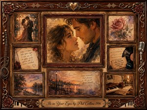 A tender vintage collage centers on a couple gazing closely into each others eyes, surrounded by romantic memories, roses, music keepsakes, and twilight scenes. Warm amber, sepia, dusty rose, and gold tones glow under soft nostalgic lighting. Painterly oil and watercolor textures, ornate rosewood framing, musical motifs, and an engraved title plate create heartfelt elegance.