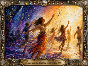 Joyful dancers surge from a cool blue-purple concert stage into radiant golden light, led by a flowing-haired woman reaching upward. Thick, expressive acrylic-like brushwork, glowing confetti, musical notes, and silhouetted musicians create energetic motion. An ornate gold-and-chrome music-themed frame with piano keys, microphones, and a central engraved title plate completes the celebratory scene.