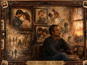 A reflective man sits beside a glowing sunset window, surrounded by rosewood-framed memories of love, childhood, family, and passing years. Warm amber, sepia, and muted brown tones create a tender nostalgic mood. Painterly oil-and-watercolor textures, fading figures, musical details, and an ornate gold-accented frame emphasize memory, regret, and times irreversible passage.