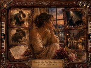 A wistful woman sits beside a rain-streaked window, surrounded by ornate rosewood-framed memories of romance, music, and lonely city nights. Warm amber, bronze, and burgundy tones contrast with cool blue rain. Painterly oil, acrylic, and watercolor textures create nostalgic softness, while roses, instruments, handwritten notes, and gilded details enrich the melancholy composition.