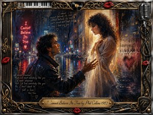 A rain-soaked city romance unfolds as a man reaches toward a luminous woman beneath neon reflections and warm golden light. Deep blues, burgundy, amber, and silver create a dramatic, tender mood. Painterly oil textures, handwritten lyrics, musical symbols, red lips, chrome, gold filigree, piano keys, and a vintage microphone enrich the ornate frame.
