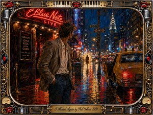 A solitary man watches a distant woman disappear along a rain-soaked neon city street, capturing regret, longing, and missed connection. Rich blues, reds, amber reflections, and dramatic night lighting create a cinematic oil-painted atmosphere. An ornate musical frame surrounds the scene, with microphones, records, instruments, and an engraved title plate.
