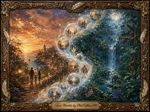 A luminous fantasy painting contrasts a warm seaside village at sunset with a cool moonlit jungle, joined by an S-shaped stream of glowing feathered bubbles. Golden oranges blend into deep greens and blues, while waterfalls, wildlife, families, and tiny memory scenes create a tender mood of connection, belonging, and two worlds becoming one.