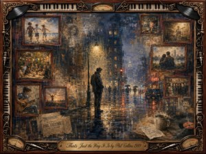 A solitary figure stands beneath a glowing streetlamp on a rain-soaked city street, surrounded by faded framed memories of childhood, music, friendship, and love. Deep blues, amber golds, and weathered browns create a reflective, melancholic mood. Painterly textures, vintage photographs, instruments, tickets, and ornate musical framing reinforce nostalgia and acceptance.