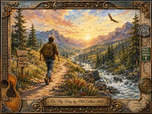 A lone traveler strides along a winding mountain trail beside a rushing river, moving toward a radiant golden sunrise. Warm amber, blue, green, and rose tones create an optimistic, adventurous mood. Rich painterly textures, soaring birds, wildflowers, distant peaks, and an ornate music-and-travel themed frame reinforce the journey forward.