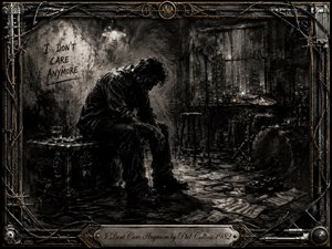 A solitary man slumps on a road case in a dark, rain-streaked rehearsal room, surrounded by drums, cables, scattered papers, and a whiskey glass. Deep charcoal textures, stark black-and-gray tones, and a single overhead light create a brooding, defiant mood. An ornate metallic music-themed frame encloses the scene.