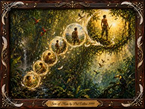 A lush jungle unfolds in warm gold and deep green, tracing a young mans growth through glowing feather-edged bubbles arranged in an ascending S-curve. Waterfalls, tropical birds, mist, and radiant sunlight create an adventurous, hopeful mood. Painterly textures, ornate musical framing, and the engraved title plate complete the symbolic journey.