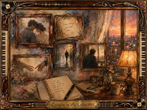 A nostalgic collage of framed memories fills a warmly lit room, blending tender romance, solitude, and reflection. Rosewood frames hold intimate scenes beside handwritten notes, while a glowing sunset spills amber light across flowers, photographs, and a journal. Painterly oil, acrylic, and watercolor textures create a softly weathered, bittersweet atmosphere.