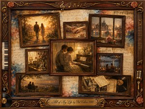 A nostalgic rosewood-framed collage captures enduring love through faded memories of couples walking, touching hands, sharing music, and watching glowing evenings together. Warm amber, sepia, muted blue, and dusty rose tones blend beneath soft golden light. Painterly oil, acrylic, and watercolor textures mingle with sheet music, roses, vinyl records, piano keys, and ornate gold details.