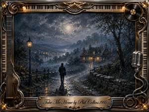 A solitary figure walks along a rain-slicked country path toward a warmly lit cottage beneath a hazy moon. Deep blue-gray shadows, golden reflections, misty hills, and distant lights create a yearning, homeward mood. Rich painterly textures are framed by ornate chrome, piano keys, instruments, vinyl, and a vintage microphone.