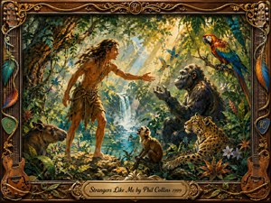 A radiant jungle scene shows a young explorer reaching toward a gentle ape beside a misty waterfall, surrounded by a parrot, monkey, jaguar, birds, and lush tropical plants. Golden sunlight filters through emerald foliage, creating warmth, wonder, and connection. Painterly textures, vivid natural colors, and an ornate musical frame enrich the adventurous atmosphere.