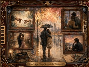 A romantic couple walks beneath an umbrella along a rain-slicked city promenade, surrounded by framed memories of love, longing, and separation. Warm amber, rose, and sepia tones glow against cooler evening shadows. Rich painterly textures, vintage rosewood frames, roses, piano keys, strings, and musical details create a tender nostalgic atmosphere.