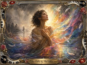 A serene woman embraces herself as luminous ribbons of rainbow color sweep through a misty gray landscape, symbolizing vulnerability, truth, and renewal. Soft golden light surrounds her, with floating feathers and a white dove adding tenderness. Painterly watercolor and oil textures glow within an ornate music-themed metallic frame of roses, piano keys, records, guitars, and red lips.