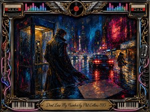 A solitary man stands beside a glowing phone booth on a rain-soaked city street, surrounded by neon reflections, passing cars, and midnight shadows. Deep blues, crimson reds, and warm amber light create a tense, cinematic mood. Expressive painted textures contrast with an ornate music-themed frame of chrome, gold, records, instruments, and cassette tapes.