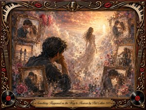 A sorrowful man watches a luminous woman drift toward a heavenly stairway, surrounded by fading framed memories of their romance. Warm gold, rose, cream, and smoky blue tones glow through misty light. Rich oil, acrylic, and watercolor textures blend nostalgia and heartbreak, enclosed by an ornate music-themed rosewood and gold frame.