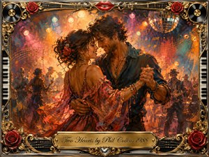 A romantic couple dances closely beneath glowing stage lights and a mirrored disco ball, surrounded by musicians and a lively crowd. Warm reds, golds, oranges, and deep blues create an intimate, celebratory mood. Expressive painterly textures blend oil and acrylic effects, while roses, records, piano keys, and gilded musical details enrich the ornate frame.