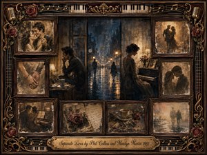 An ornate rosewood and gold musical frame surrounds a nostalgic collage of two former lovers separated by a rain-soaked city street. Sepia memories, roses, piano keys, microphones, and faded photographs evoke tenderness and loss. Dusky blues, warm amber light, and painterly oil, acrylic, and watercolor textures create a bittersweet, cinematic mood.
