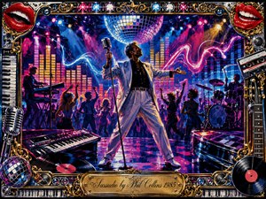 A charismatic singer commands a vibrant 1980s nightclub stage beneath a glittering disco ball, surrounded by dancers, keyboards, drums, neon sound waves, and glowing equalizer patterns. Saturated blues, pinks, golds, and reds create energetic theatrical lighting, while an ornate chrome-and-gold musical frame, vinyl records, microphones, and bright lips heighten the playful pop-art atmosphere.