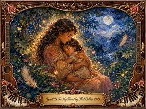 A tender mother cradles a sleeping child in a moonlit tropical jungle, surrounded by lush foliage, drifting feathers, glowing hearts, and distant waterfalls. Warm amber light embraces the figures against deep blue-green shadows. Rich watercolor textures, soft floral details, and an ornate rosewood-and-gold musical frame create a timeless atmosphere of protection and love.