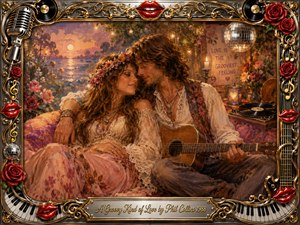A romantic hippie couple nestles together in a richly painted, candlelit retreat, surrounded by roses, vinyl records, musical instruments, and glowing decorative lights. Warm amber, copper, crimson, and dusty pink tones create an intimate nostalgic mood, while textured oil-and-watercolor brushwork, sunset scenery, chrome ornamentation, and a lavish musical frame enhance the dreamy composition.