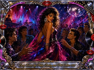 A glamorous woman commands a neon-lit 1980s nightclub, surrounded by captivated admirers, dancers, and a live band. Rich acrylic textures glow in magenta, cobalt, violet, crimson, and chrome beneath theatrical spotlights and disco reflections. An ornate musical frame with red lips, records, gold inlay, and a polished title plate completes the energetic, seductive scene.