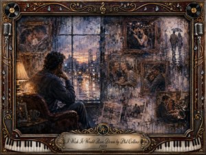 A solitary man sits beside a rain-streaked window, surrounded by fading framed memories of love, laughter, and intimacy. Moody blues, warm browns, and muted golds glow beneath soft lamplight and distant city reflections. The textured painterly collage blends nostalgia and sorrow, enclosed by an ornate musical frame of records, microphones, piano keys, and raindrops.