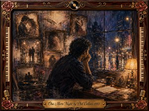 A solitary man sits beside a rain-streaked window, surrounded by fading framed memories of love, handwritten pages, roses, and a record player. Deep blues, smoky purples, warm amber light, and sepia tones create a tender melancholy. Painterly textures blend oil, acrylic, and watercolor beneath an ornate rosewood musical frame.