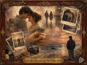 A tender collage of fading romance blends embracing lovers, clasped hands, old photographs, and a solitary figure watching a glowing shoreline. Warm sepia, amber, rose, and gold tones create wistful nostalgia. Painterly oil and watercolor textures soften each memory, while ornate rosewood, musical details, and a brass title plate frame the scene.