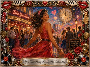 A joyful woman in a flowing red dress twirls through a glowing city nightlife scene, surrounded by dancers, roses, hearts, music notes, and a large clock symbolizing patience in love. Warm gold, crimson, pink, and blue tones shine through expressive acrylic brushwork, framed by ornate musical decorations and a polished title plaque.