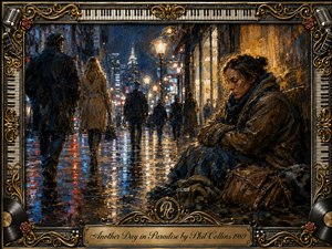 A solitary woman rests against a rain-soaked city wall while hurried pedestrians pass beneath glowing streetlights. Deep blues, charcoal shadows, and warm amber reflections create a somber, compassionate mood. Rich impressionistic brushwork textures the wet pavement and clothing, framed by ornate gold, piano keys, roses, microphones, and vinyl records.