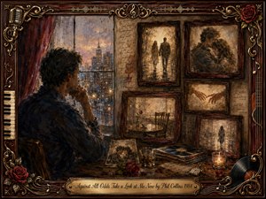 A solitary man sits beside a rain-streaked window, surrounded by framed memories of lost love. Warm rosewood, gold, burgundy, sepia, and muted blue tones create a wistful, intimate mood. Painterly oil, acrylic, and watercolor textures soften glowing city lights, while roses, records, photographs, and musical ornaments deepen the nostalgic atmosphere.