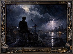 A solitary drummer sits beside dark water beneath a turbulent midnight sky, facing a distant city pierced by lightning. Deep blues, charcoal blacks, silver reflections, and restrained gold accents create brooding tension. Thick oil-paint textures heighten the drama, while microphones, drums, vinyl, and metallic musical details form an ornate theatrical frame.