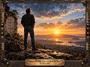 A contemplative man stands on rain-darkened rocks above a sprawling coastal city, facing distant mountains and a radiant sunrise over shimmering water. Warm gold and amber light breaks through dramatic blue-gray clouds, creating a mood of heartbreak transformed into resilience. Richly detailed textures, cinematic realism, and an ornate musical bronze frame amplify the emotional grandeur.