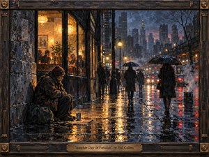 A weary homeless man sits outside a warmly lit restaurant on a rain-soaked city street as pedestrians pass beneath umbrellas. Golden reflections shimmer across wet pavement against deep blue-gray buildings and distant skyscrapers. The painterly scene feels somber and compassionate, framed in dark wood and brass with an engraved title plate.