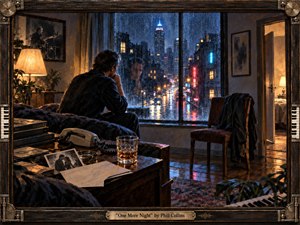 A solitary man sits beside a rain-streaked apartment window, gazing over a glowing nighttime city while an empty chair, telephone, photographs, and untouched drink suggest longing and absence. Deep blues, charcoal shadows, and warm amber lamps create intimate melancholy. Painterly oil textures, wet reflections, and an ornate musical frame enrich the cinematic scene.