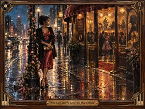 A solitary woman in a red satin dress waits beneath a flower-wrapped lamppost on a rain-soaked city street, gazing toward a glowing nightclub filled with dancers and musicians. Warm amber interiors contrast with cool blue night tones, while shimmering reflections, vintage architecture, and ornate framing create a romantic, patient, nostalgic mood.