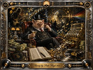 A smug, top-hatted pig lounges amid cascading cash, coins, ledgers, records, and vintage studio equipment in a dark, luxurious interior. Rich gold, brass, black, and burgundy tones glow under theatrical lighting, while swirling sound waves and musical imagery create a satirical, hypnotic oil-painted vision of wealth, excess, and greed.