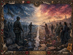 A richly textured painting shows soldiers and civilians divided by a reflective central road, reaching toward one another beneath a glowing moon and turbulent sky. Cool blue-gray shadows contrast with warm rose and amber light, creating a solemn, hopeful mood. An ornate musical frame surrounds the scene with strings, keys, instruments, picks, red lips, and an engraved title plate.