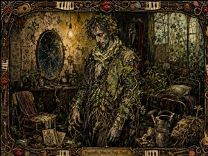 A melancholy, plant-entwined man stands in a decaying, overgrown room filled with vines, antique furniture, cracked mirrors, and botanical debris. Earthy greens, browns, muted golds, and deep shadows create a haunted mood, while warm bulb light highlights intricate painterly textures. An ornate musical frame surrounds the richly detailed surreal scene.