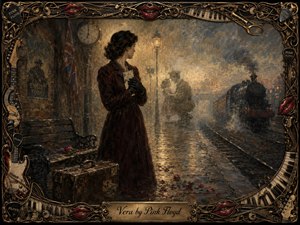 A solitary woman clutches a letter on a rain-darkened wartime railway platform as a steam train fades into mist. Ghostly figures suggest memory and reunion, while amber lamps glow through smoky blues, sepia, and burgundy. Rich oil-like textures, scattered roses, vintage luggage, and an ornate musical frame deepen the melancholy atmosphere.