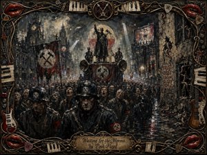 A grim, expressionist procession surges through a rain-soaked dystopian city beneath harsh searchlights and smoky skies. Uniformed figures, chanting crowds, propaganda banners, loudspeakers, cracked walls, and creeping worms create an oppressive mood. Charcoal blacks, dirty grays, and deep reds dominate, framed by ornate musical motifs and glossy lips.