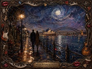 A dreamy, richly textured night painting shows a couple strolling along Sydney Harbour beneath a glowing moon. Wet pavement reflects amber lamps, deep blues, and violet skies, while the Opera House and Harbour Bridge shimmer beyond. Musical notes drift through the atmosphere, framed by ornate instruments, piano keys, picks, strings, and glossy red lips.