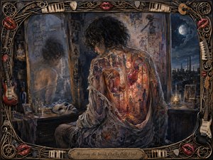 A solitary figure sits in a dim, weathered room, their torn exterior revealing a glowing inner world of memories, figures, and a vivid heart. Moonlit blue shadows contrast with warm amber light inside the body. An ornate musical frame of strings, keys, guitars, picks, and red lips surrounds the haunting painted scene.