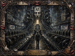 A lone figure approaches a colossal machine-faced structure inside a vast dystopian factory, surrounded by pipes, speakers, cables, faceless workers, and surveillance imagery. Cold steel grays and blacks dominate, pierced by amber light and smoky haze. The richly painted scene is framed with guitars, piano keys, strings, picks, and glossy red lips.