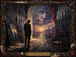 A solitary figure stands in a shadowed, decaying room facing a glowing surreal landscape beneath a vast ghostly face in the clouds. Deep blues, violets, golds, and crimson create a haunting, introspective mood. Cracked mirrors, scattered letters, distant silhouettes, theatrical lighting, and an ornate music-themed frame enrich the textured painted scene.