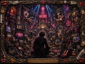 A solitary figure sits amid a chaotic cathedral of consumer desire, surrounded by glowing advertisements, luxury goods, screens, jewelry, and looming crowds. Deep reds, purples, golds, and smoky blues glow beneath theatrical neon lighting. Rich painterly textures and surreal perspective create an anxious, decadent mood, framed by intricate musical ornamentation.
